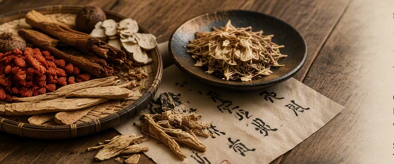 Dried Chinese medicinal herbs on rustic wood
