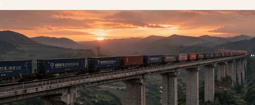 A China-Europe freight train crossing a mountain bridge at dusk
