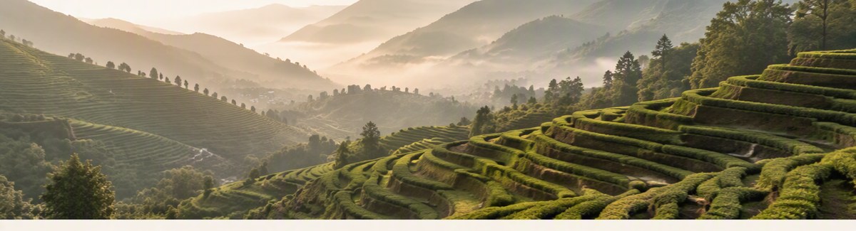 Guizhou's green terraced mountains in morning mist