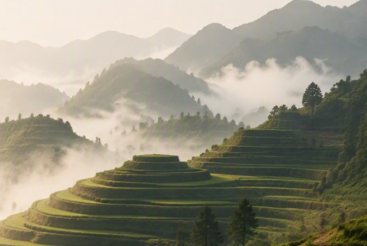 Terraced tea fields in the mountains of Guizhou, China