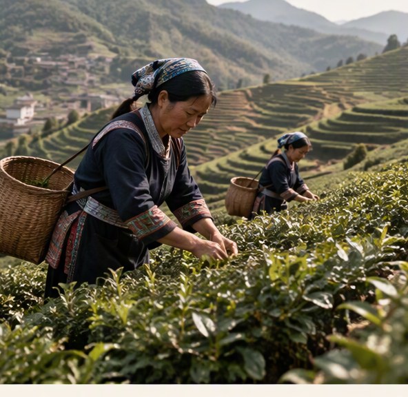 Tea pickers working on terraced hills in Guizhou