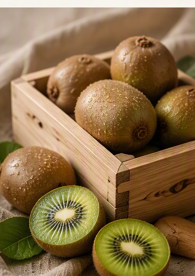 Fresh Xiuwen kiwifruit in a wooden crate