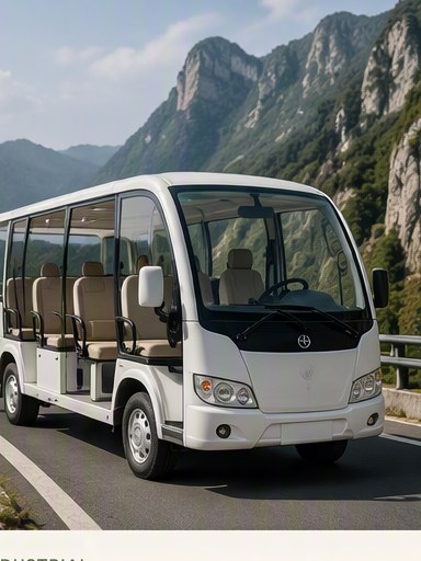 Electric sightseeing shuttle bus on a mountain road